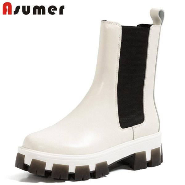 

asumer 2020 new arrive thick bottom women's motorcycle boots genuine leather shoes fashion autumn winter ankle boots woman, Black