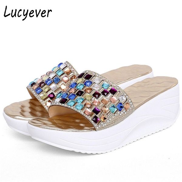 

2021 новая новая летняя colorido strass китайская платформа cunha shoes crystal woman mode beach flip plops lazer sandals 1afa, Black