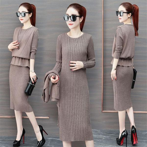 

2019 autumn winter new women cardigan suspenders vest sweater dress suit solid long sleeve knitted two piece sets, Gray