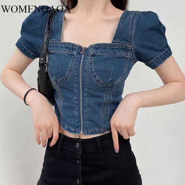 Kadın T-shirt Seksi Denim Kare Yaka Kadın Kısa Puf Kol Fermuar Mavi Kırpma Üst Lace Up Slim Fit Güzellik Geri Yaz WQ09