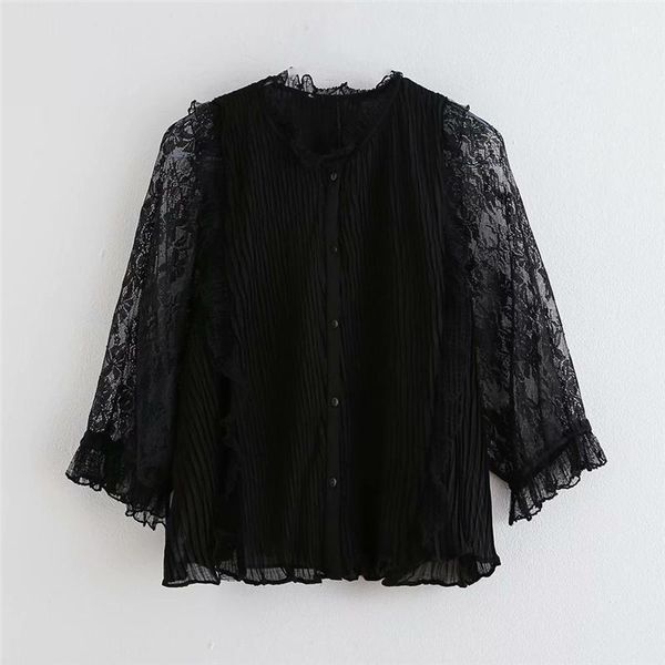 

elegant women floral embroidery mesh patchwork shirt 2021 fashion ladies lace button sweet female chic pleated blouse1, White