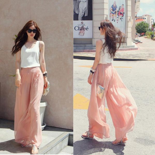 

new high waist chiffon loose pants summer solid color casual pants female wide leg long bloomers trousers pantalones mujer 20201, Black;white