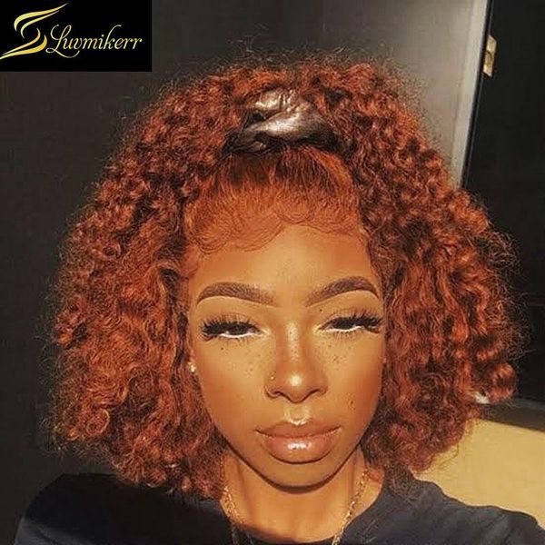 

short bob curly hd transparent lace frontal wigs for black women colored orange ginger water wave deep part wigs human hair 150%, Black;brown