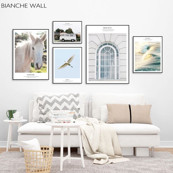 

travel nature scenery landscape poster picture wall art bus horse sea wave seagull canvas print painting nordic living room dec