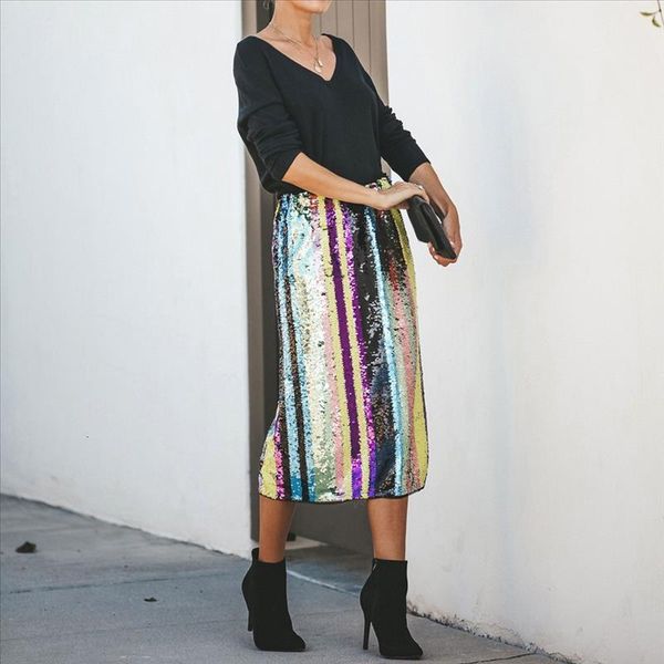 

striped patchwork sequins split hem skirts womens fashion high waist mid calf skirt elegant ladies skirt faldas mujer moda, Black