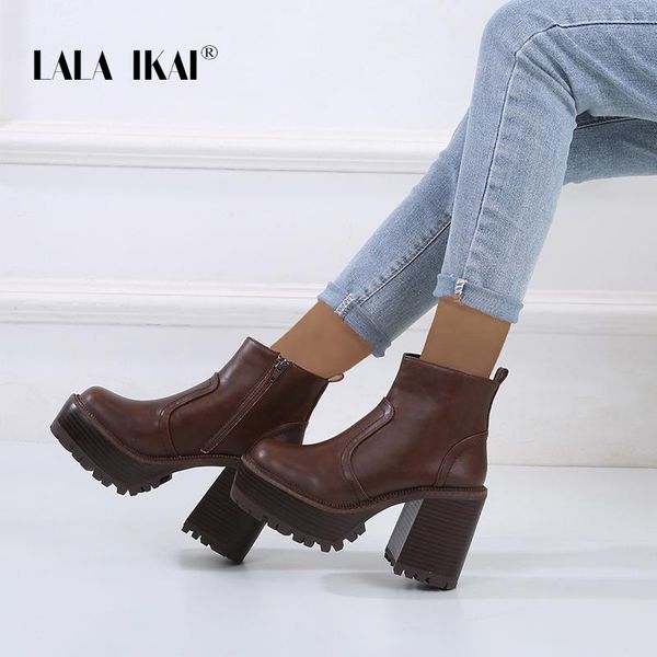 

lala ikai boots женская осень зима 2021 ботильоны на гольке высокие каблуки на молнии короткие пинетки женские туфли мода botas mujer c10512, Black