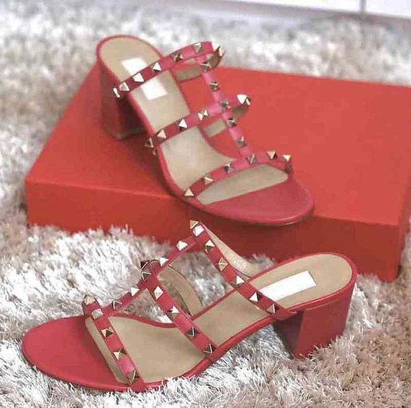 

luxurious designs fashion studded sandals genuine leather slingback pumps ladies summer rock rivets sandal slipper heel chunky heels w, Black