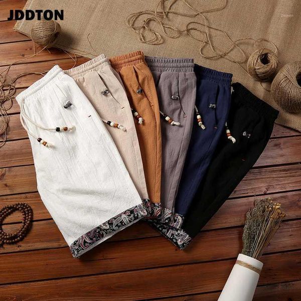 

jddton summer mens cotton linen shorts loose homme knee length beach short chinese style breathable man fashion streetwear je4511, White;black