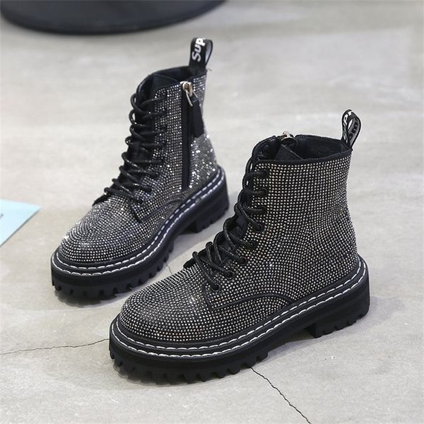 

winter women pumps dress martin boots platform fashion rhinestone lace up round toe mid heels snow botas women shoes y200915, Black