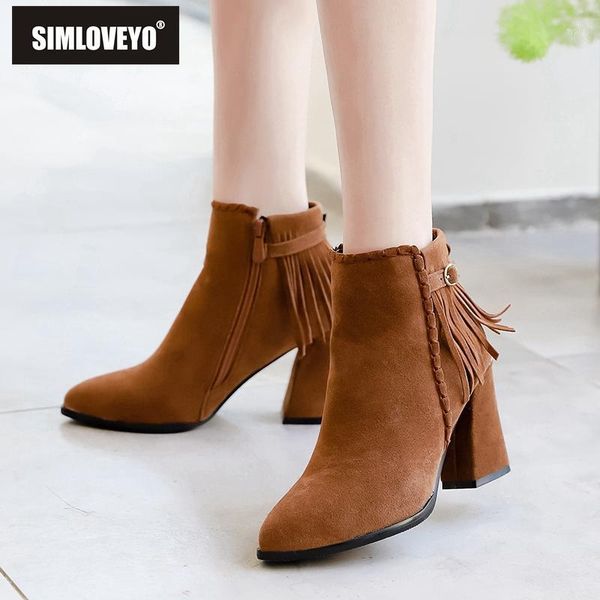 

boots simloveyo women shoes winter nubuck ankle thick heel zipper pointed toe flock concise mujer botas b9351, Black