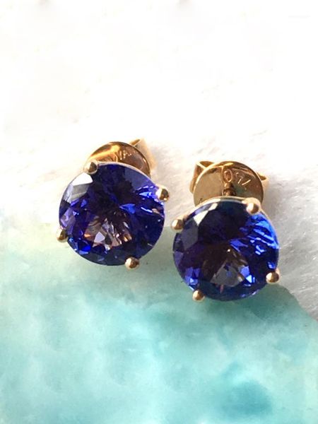 

stud natural tanzanite rose gold earring, 18k gold, rare in round 6mm*6mm , classical style, fashion and 1, Golden;silver