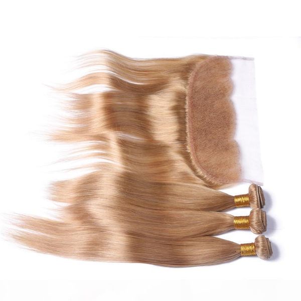 

honey blonde 3 bundle deals with full frontals straight #27 brazilian strawberry blonde human hair weaves with 13x4 lace frontal closure, Black;brown