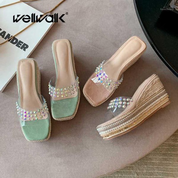 

crystal wedge slippers women heel shoes square toe ladies clear slides female fashion espadrilles rhinestone edge shoe new1, Black