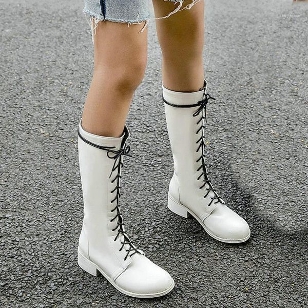 

boots 2021 women shoes lace-up high fashion knight ladies black white autumn flat casual large size 34-431