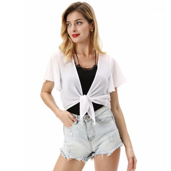 

women's tie front shrug chiffon short flutter sleeves semi see-through summer coat fashion ladies short bolero jacket1, Black;brown