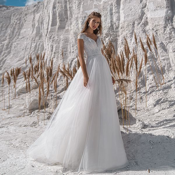

2021 new lace robe marie cap sleeve v neck appliques a line bridal gown illusion tulle wedding es b4n2, White