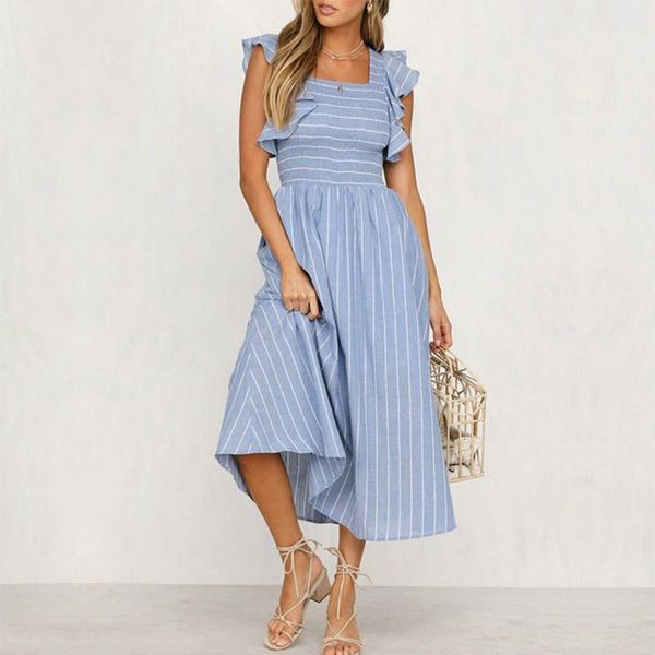 

women sweet u-neck sleeveless dress ladies summer ruffled sleeve stripes print loose halter casual beach dress1, Black;gray