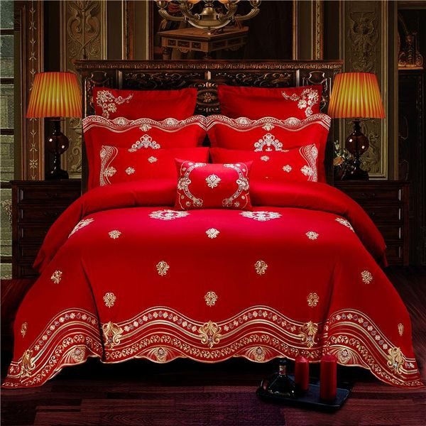 

luxury 100% cotton romantic european wedding bedding set embroidery duvet cover bed sheet pillowcases  king 4/6/8/9pcs size