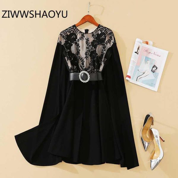 

ziwwshaoyu autumn women elegant vintage mini dresses runway designer ladies black diamonds belt lace loose dress vestidos, Black;gray