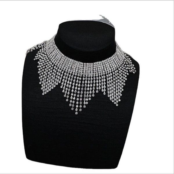

women fashion luxury tassel rhinestone choker necklace collar for wedding bride singer evening party dress jewelry accessories, Golden;silver
