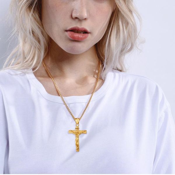 

stainless steel cross of jesus necklace religion jewelry long fashion gold pendant necklace men gift rope bijoux, Silver