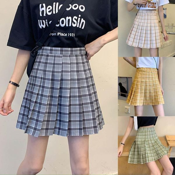 

fashion women plaid pleated a-line skirt anti-burnout high waist short skirt, Black