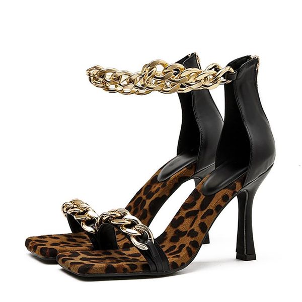 

sandals style in 2021 women's super high heel chain one stap & ankle strap square toe zipper back leopard shoes fe, Black