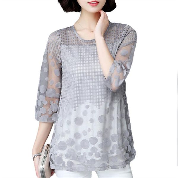 

womens blouse shirt 3 4 sleeve mesh hollow out loose blouses gray ladies blusas plus size shirts 2020 new, White