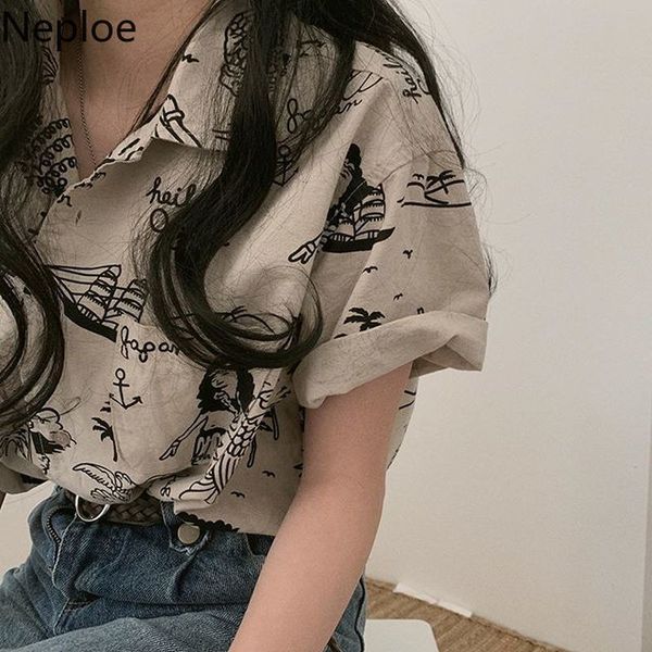 

neploe korean shirts short sleeve and blouses funny print vintage women blouse loose casual student blusas femme shirt lj200810, White