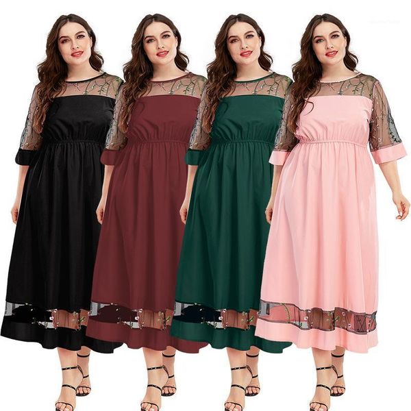 

big size women dresses lace dress transparent shoulder sleeve long length girls middle-aged women clothing1, Black;gray