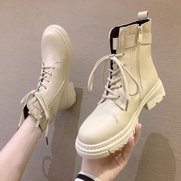 

elegant woman boots round toe white shoes booties ladies lace up flat heel boots-women luxury designer rock med ankle rubber, Black
