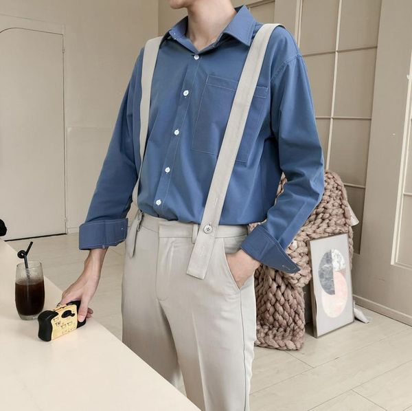 

men's casual shirts 2021 spring and autumn youth korean version of solid color white line design long sleeve shirt fashion, White;black