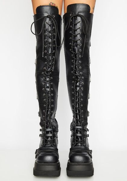 

2020 brand design platform thigh high boots for women fashion buckle high heel shoes women autumn wedges elastic botas de mujer, Black