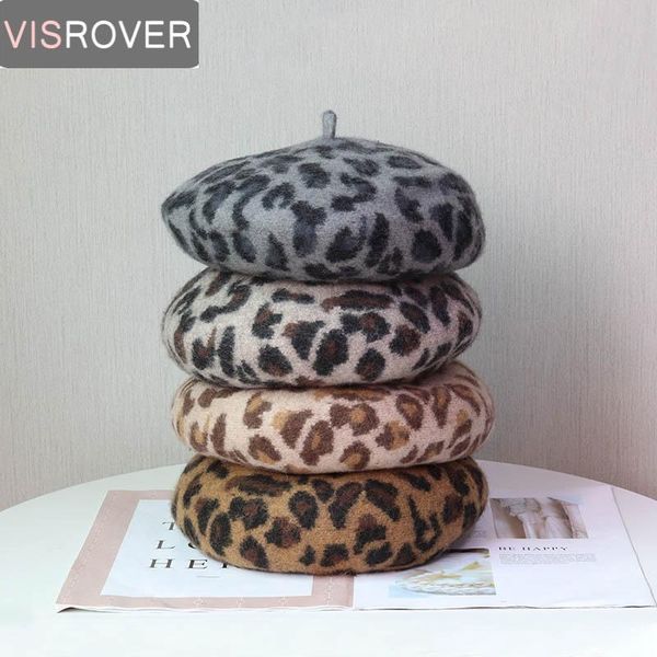 

berets visrover woman wool winter beret female 4 colors leopard printing hat cap women boina wholesales, Blue;gray