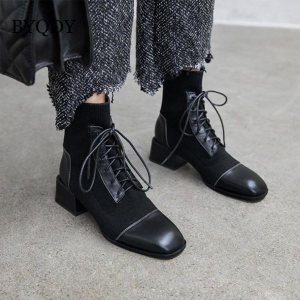 

boots byqdy cross-tied autumn woman patent leather british chunky heels black square toe shoes handsome motorcycle