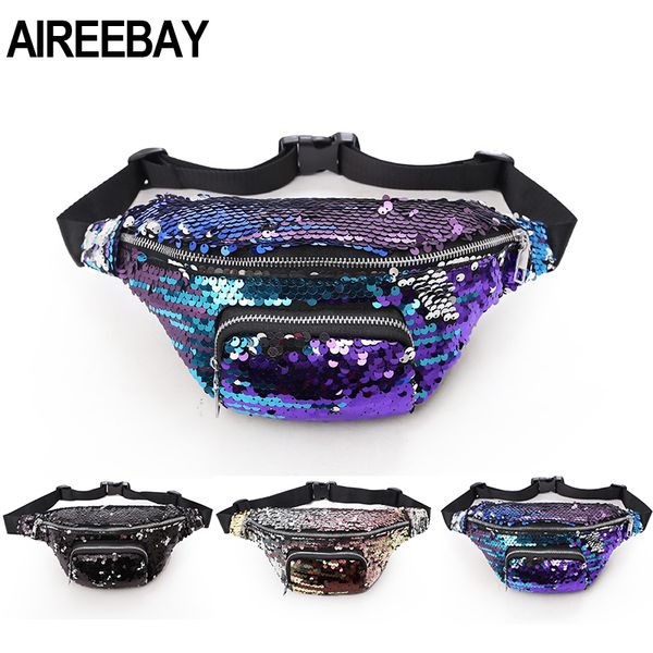 

aire women reversible sequins fanny pack glitter waist bag female travel money phone fanny shoulder bag bum bag 2019 design c0202