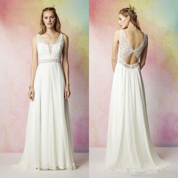 

2020 new rembo styling beach lace wedding dresses deep v neck a line backless floor length chiffon bridal gowns 4614, White