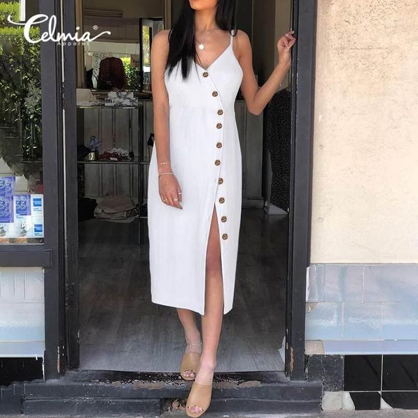 

celmia women's summer sundress spaghetti straps v-neck beach dress casual loose button down high split plus size vestidos1, Black;gray