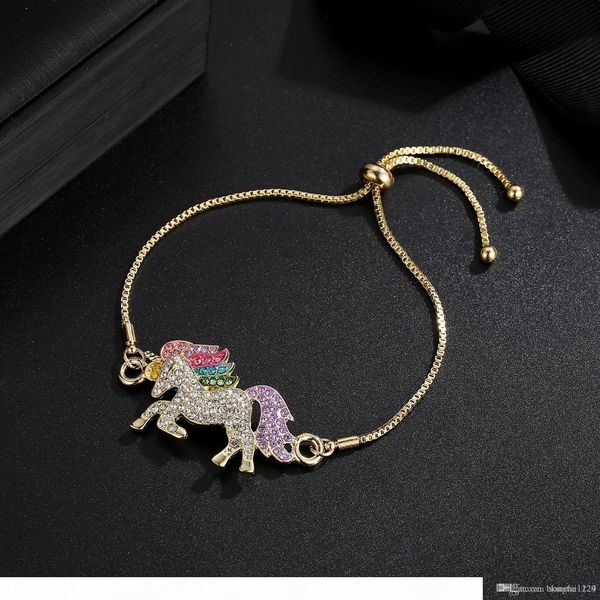 

unicorn adjustable chains charm bracelets for children colorful pony silver gold plated diamond crystal bracelet wristbands for kids, Golden;silver