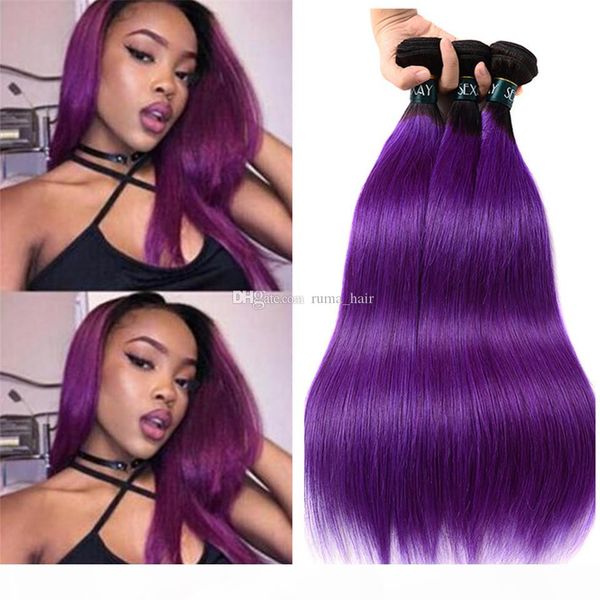 

two tone 1b purple ombre straight hair 3 bundles black to violet ombre human hair weaves 3pcs lot 8a grade, Black;brown