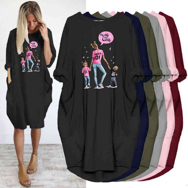 

women midi dress long sleeve mama child print o neck pocket casual vintage party woman dresses vestidos robes mujer, Black;gray