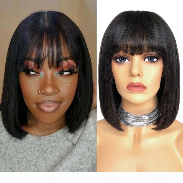 

brazilian straight human hair wigs pixie cut bob wig with bangs short human hair wigs for women fake scalp lace wig non-remy, Black;brown
