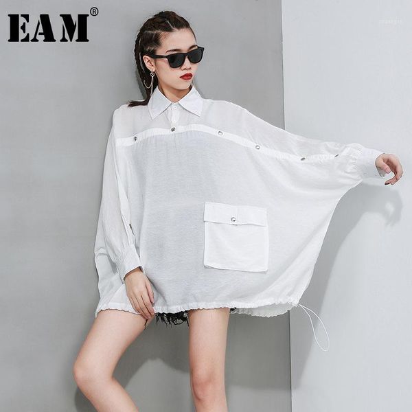 

eam] women white brief button split big size blouse new lapel long sleeve loose fit shirt fashion tide spring autumn 2020 1r6171