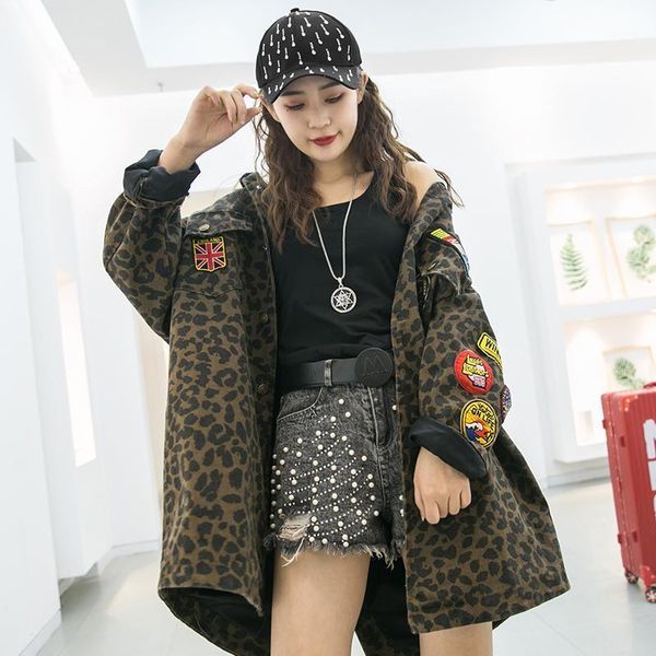 

fashion leopard denim jacket women embroidery epaulet single breasted hooded denim coat streetwear outerwear basic jackets r1081, Black;brown