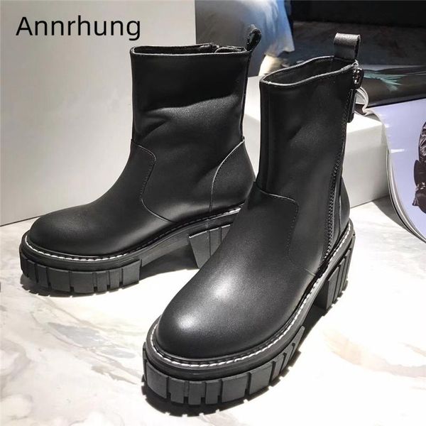 

autumn winter 2020 genuine leather women boots round toe side zipper flat platform thick heel martin boots woman, Black