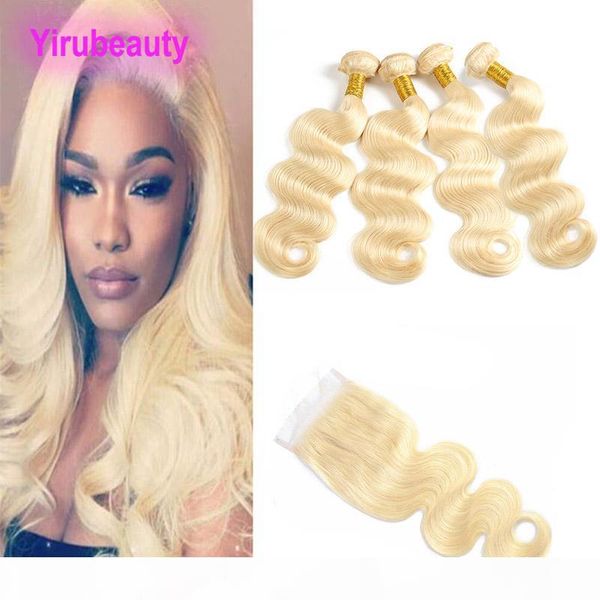 

малазийский человеческих волос 9а body wave blonde 613 # 4 связки с 4x4 lace closure средний три free часть 613 цвет 5 шт один комплект, Black;brown