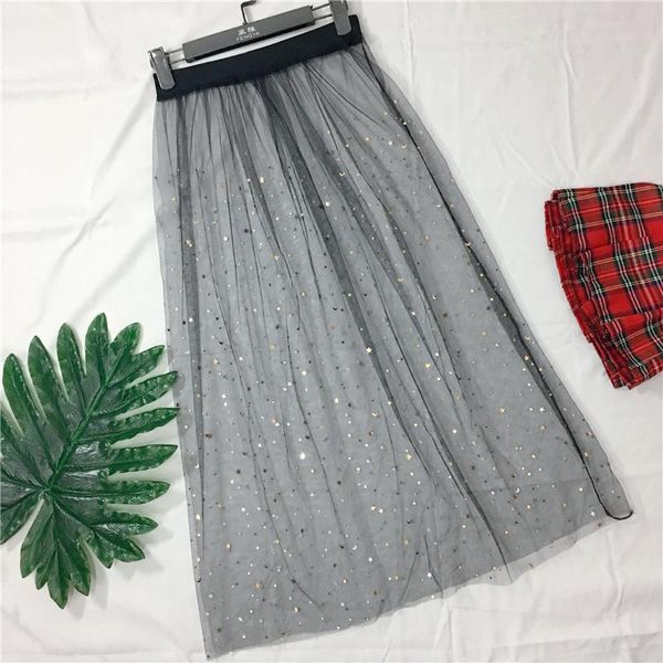 

long mesh tulle skirt women 2019 korean fashion elegant high waist transparent a-line stars moon sequin midi skirt female, Black