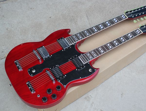 

factory custom wine red double neck electric guitar with 6+12 strings guitar,chrome hardware,white pickguard,offer customized