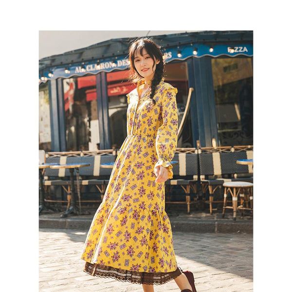 

inman 2020 autumn new arrival artsy style stand collar retro flower print a line women dresses, Black;gray