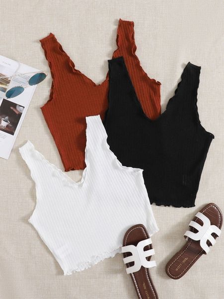 

3pcs lettuce trim rib-knit tank 93og#, White
